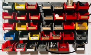 lot 233H image: GS - Wall-Mounted Organizer with Assorted Screws, Nails, and Hardware