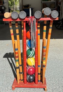 lot 290H image: G - Vintage Wooden Croquet Set with Stand and Balls