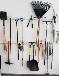 lot 291H image: G - Collection of Outdoor Tools Including Rakes, Shovels, and Garden Implements