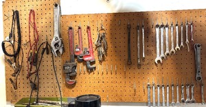 lot 297H image: GS - Collection of Hand Tools with Adjustable Wrenches, Pipe Wrenches, and Assorted Hardware