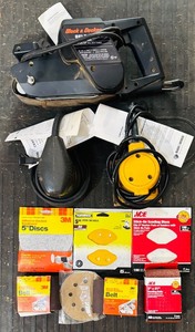 lot 298H image: GS - Lot of 3 Power Sanders with Sandpaper Accessories - Craftsman, Black & Decker, DeWalt