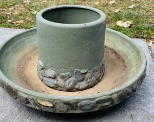 lot 307H image: BY - Green Two-Piece Ceramic Bird Bath with Stone Detail, 9 in Tall x 17 in Round