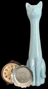 lot 310H image: FLR - Collection with 19-Inch Blue Ceramic Cat Brush Holder, Howard Miller Clock, and Glass Dish