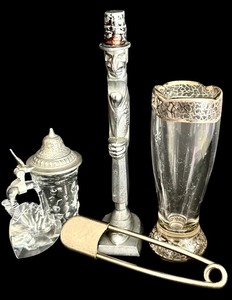 lot 311H image: FLR - Vintage Decor Collection with Pewter Wine Opener, Glass Vase, Heart Figurine and Accessories