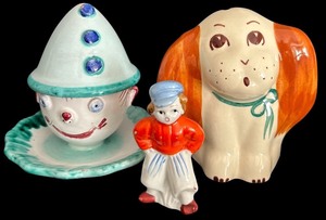 lot 312H image: FLR - Vintage Porcelain Collection Dutch Boy Figurine, Dog Bank, Clown Cup with Saucer