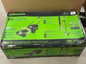 lot 1 image: Greenworks 48V Lawn Mower Combo Kit with Blower and Trimmer