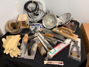lot 149 image: Shop Supplies--Cement, Tile, Glass Cutter, Lights & Extras