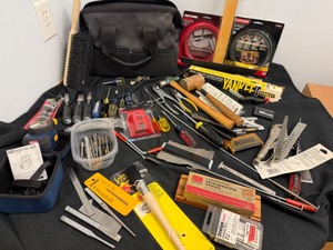 lot 9B image: Lots of Great Tools--Chisels, Craftsmen, Ryobi Laser Level, Spiral Ratchet Screw Driver, Metal Grabbers, Etc.