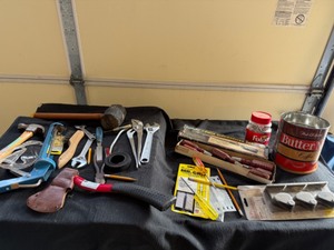 lot 148 image: Collection of Misc. Tools Including Ax, Screwdriver Set, Nails, Etc.