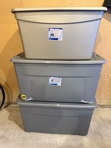 lot 151 image: Two Sterilite 45-Gallon Rolling Bins & Large 30 Gallon
