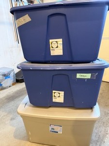 lot 111A image: 2-Blue 32 Gallon & 30-Gallon Tan Totes
