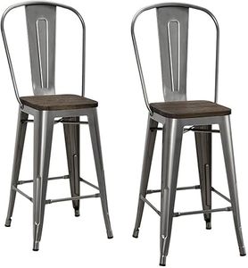 lot 51 image: DHP Luxor Counter Stool with Wood Seat and Backrest, 24, Antique Gun Metal