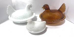 lot 2 image: Two 6 Indiana Glass Hen on Nest Amber and Milk Glass One 3 12 HON Milk Glass