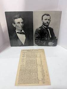 lot 42 image: 3 Vintage Jumbo Postcards Lincoln, Grant and Custer Massacre