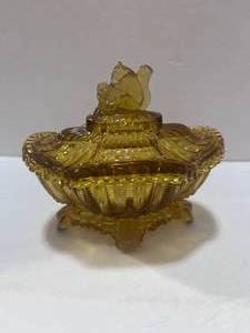 lot 17 image: Vintage Portieux Vallerysthal France Amber Glass Covered Squirrel Candy Dish