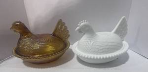 lot 6 image: Two 7 Hen on Nest Iridescent Amber and Milk Glass