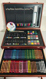 lot 106C image: BD - Wooden Art Supplies Set with Pencils, Crayons, Oil Pastels, and Watercolors
