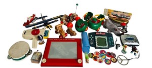 lot 112C image: AT - Vintage Toy and Game Collection with Figures, Wooden Toys, Etch A Sketch, and Pogs
