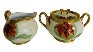 lot 114C image: AT - Vintage Hand-Painted Porcelain Creamer and Sugar Bowl Set with Floral Design