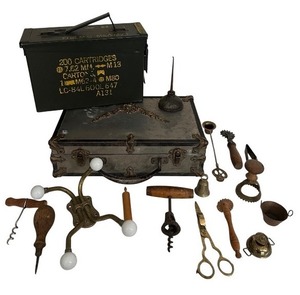 lot 115C image: Largest box is 8 x 13 - Vintage Tool and Utility Lot with Decorative Metal Chest and Ammo Box