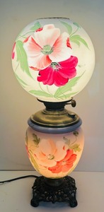 lot 120C image: AT - Vintage Hand-Painted Hurricane Lamp with Floral Globe, 25 Inch