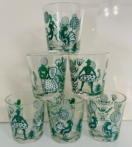 lot 166C image: AT - Set of 6 Vintage Swanky Swigs Glasses with Folk Art Design, 3.5 Inch