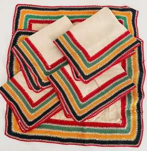lot 172C image: AT - Set of 8 Handmade Linen Napkins with Multicolor Crochet Borders