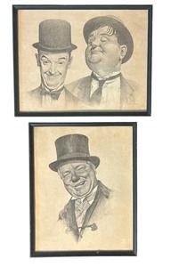 lot 205C image: BD - Set of 2 Framed Pencil Sketches by Bats Laurel & Hardy and W.C. Fields