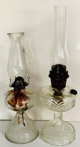lot 244C image: AT - Pair of Vintage Glass Kerosene Oil Lamps with Chimneys