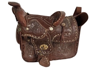 lot 43J image: Vintage Hand Tooled Leather Saddle-Shaped Handbag