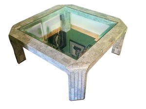 lot 47J image: BD - Contemporary Square Glass Top Coffee Table with Stone Finish