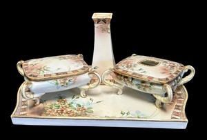 lot 54R image: AT - Vintage Hand Painted Nippon Vanity Set with Tray, Vase, Trinket Dish, and Hair Receptacle