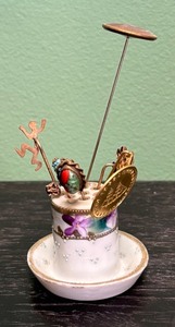 lot 68R image: AT - Vintage Nippon Pin Holder with Assorted Antique Lapel Pins and Hatpin