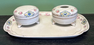lot 136R image: AT - Vintage Nippon Hand Painted Vanity Set with Tray, Powder Jar and Hair Receiver Jar