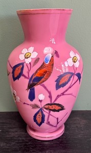 lot 155R image: AT - Vintage Pink Vase with Hand-Painted Bird and Floral Design