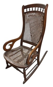 lot 199R image: AT - Vintage Cane-Back Wooden Rocking Chair with Scroll Arms