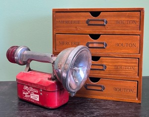 lot 235R image: AT - Vintage Mercerie Bouton Wooden Drawer Box and Big Beam Beacon Lamp