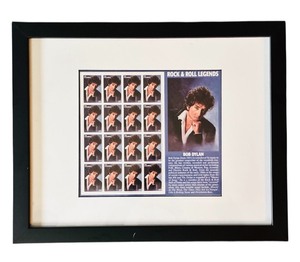 lot 114H image: BD - Framed Bob Dylan Rock and Roll Legends Stamp Sheet with Biography 24x15 Inches
