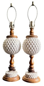 lot 302H image: BD - Pair of Vintage MCM White Glass Hobnail and Wood Table Lamps