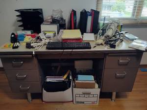 lot 65 image: Large Metal Desk & Huge Lot of Office Supplies