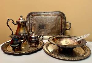 lot 32 image: Silver Plated Tea Service and Serving Trays
