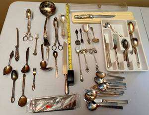 lot 35 image: Silver Plated Utensils, Spoons, Forks, Serving Items