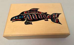 lot 41 image: Wood Trinket Box with Salmon Artwork