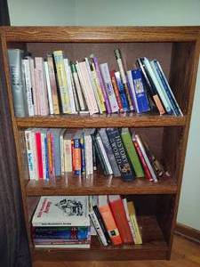 lot 71 image: Faux Wood Multi- Shelf Bookcase w Assortment of Books