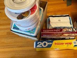 lot 76 image: Large Lot of Paper Products - Paper Plates, Freezer Wrap and more
