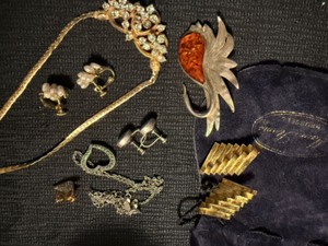 lot 25 image: UPDATE Jewelry Collection with Sterling Silver Heart Necklace, Jeweled Necklace, Brooch and Clip Earrings in a Felt Bag