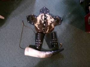 lot 27 image: Original Renaissance Viking Helmet, Leather Arm Gauntlets & Beer Horn