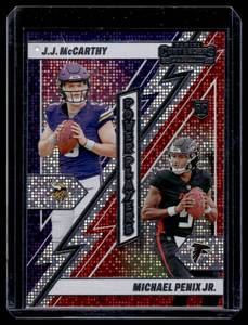 lot 100 image: J.J. McCarthy  Michael Penix Jr. RC  2024 Panini Contenders #21 Minnesota Vikings  Atlanta Falcons Football Card