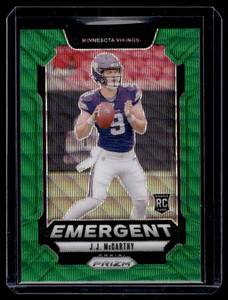 lot 64 image: J.J. McCarthy RC  2024 Panini Prizm Emergent #19 Minnesota Vikings Football Card