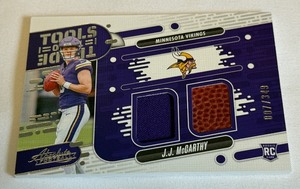 lot 13 image: JJ McCarthy Dual Relic RC 349 2024 Absolute Tools of the Trade #TOTD-JMY Numbered 007347 Minnesota Vikings Rookie Football Card